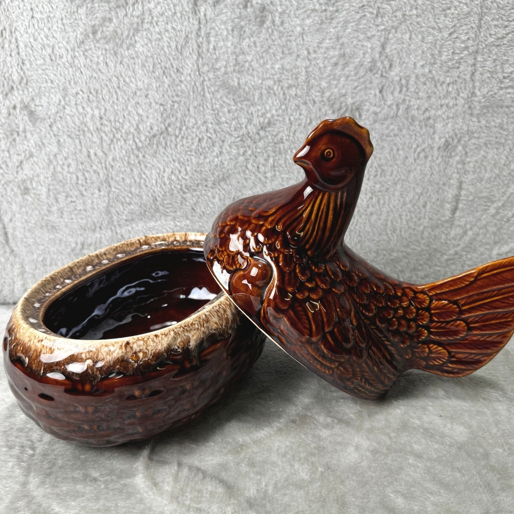 Vintage Hull Pottery Brown Drip Hen on Nest Covered Casserole Dish USA - Picture 9 of 16